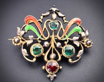 Antique Art Nouveau 9K, Silver, Emerald, Garnet & Enamel Brooch