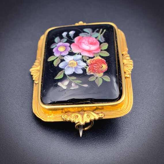 Antique 18K & Hand Painted Enamel Floral Brooch - image 3