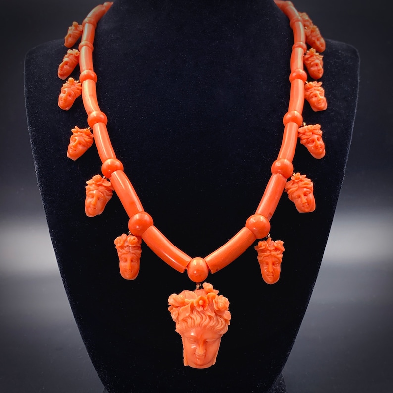 Antique 15K & Carved Coral Goddess Flora Necklace Etsy