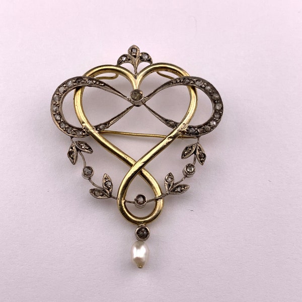 Antique French Belle Epoch 18K, Diamond & Pearl Heart Brooch/Pendant Regular price