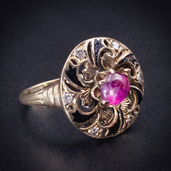 Antique Edwardian 10K, Ruby, Diamond & Enamel Ring - image 2
