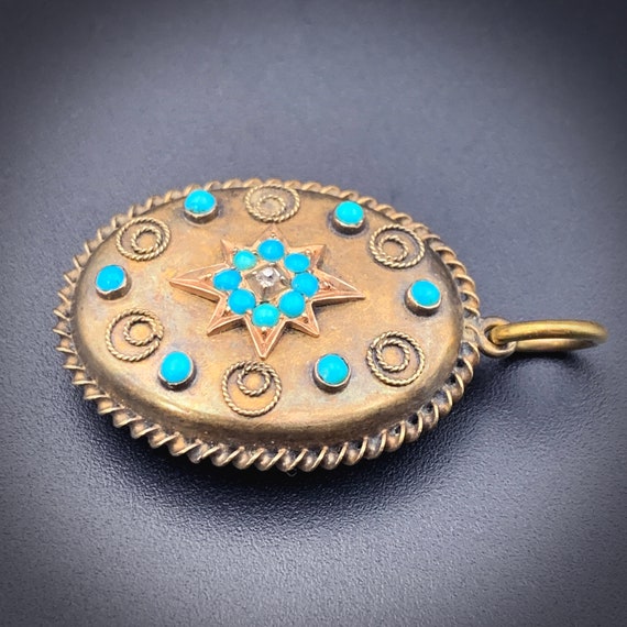 Antique 15K, Diamond & Persian Turquoise Locket B… - image 4