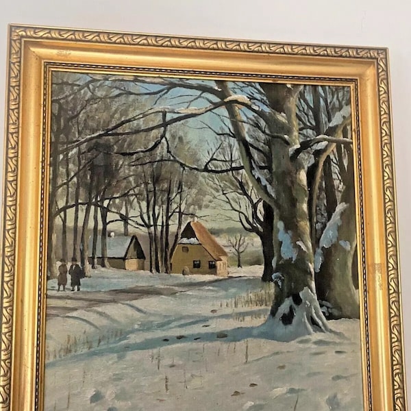 Antique European Oil Painting Winter Landscape Village Dusseldorf School Signed J. Ohr Framed Figures Forest Snow Scene