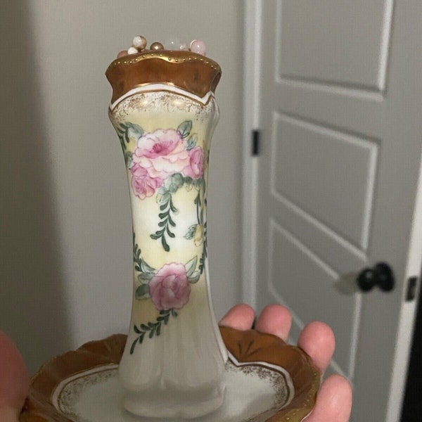 Pretty Vintage Hatpin Holder with Fifteen Faux Pearl Hat Pins Hand-Painted Roses Marked RS Ring Tray