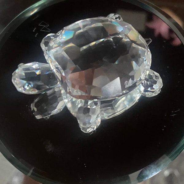 Vintage Swarovski Kristallen Schildpad Beeldje met Display Spiegel 2" Groene Ogen Sparkly Oostenrijkse Kristallen Schildpad Zeeleven
