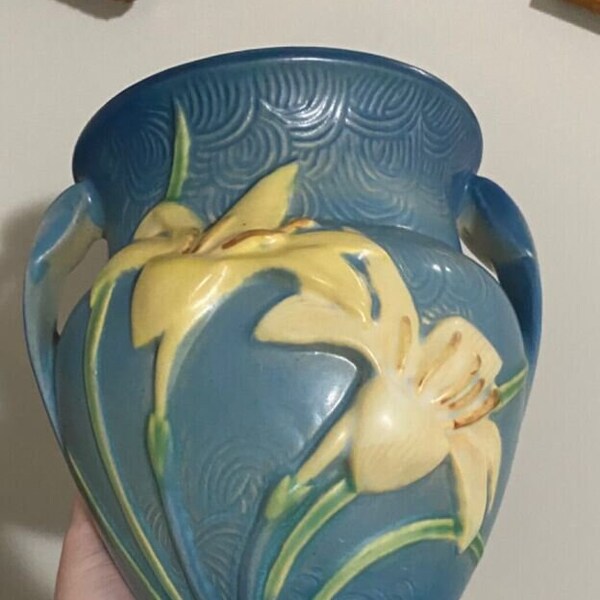 Vintage Roseville USA Art Pottery Vase Bermuda Blue Zephyr Lily Two Handles 8" Pattern 202-8 Circa 1940s Floral Design