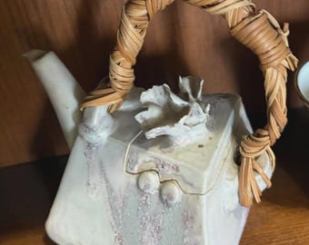 Vintage Art Pottery Teapot Purple Triangular Signed with Rattan Handle Gail Bakutis Arabella Ark Lidded Unique Abstract 5"