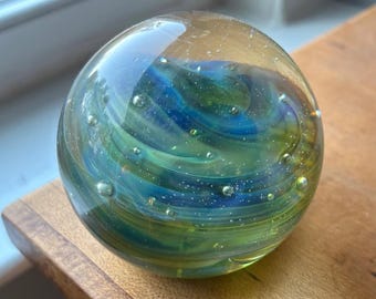 Vintage Hand-Blown Art Glass Paperweight Blue and Green Swirls 3" Signed GV 1971 Controlled Bubbles
