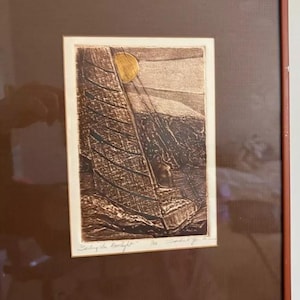 Vintage Woodblock Print Signed Sandra B Yocum Signed 1982 &quot;Sailing in Moonlight&quot; Framed Nautical Scene Limited Edition 1/20 9&quot;x11&quot; Moody