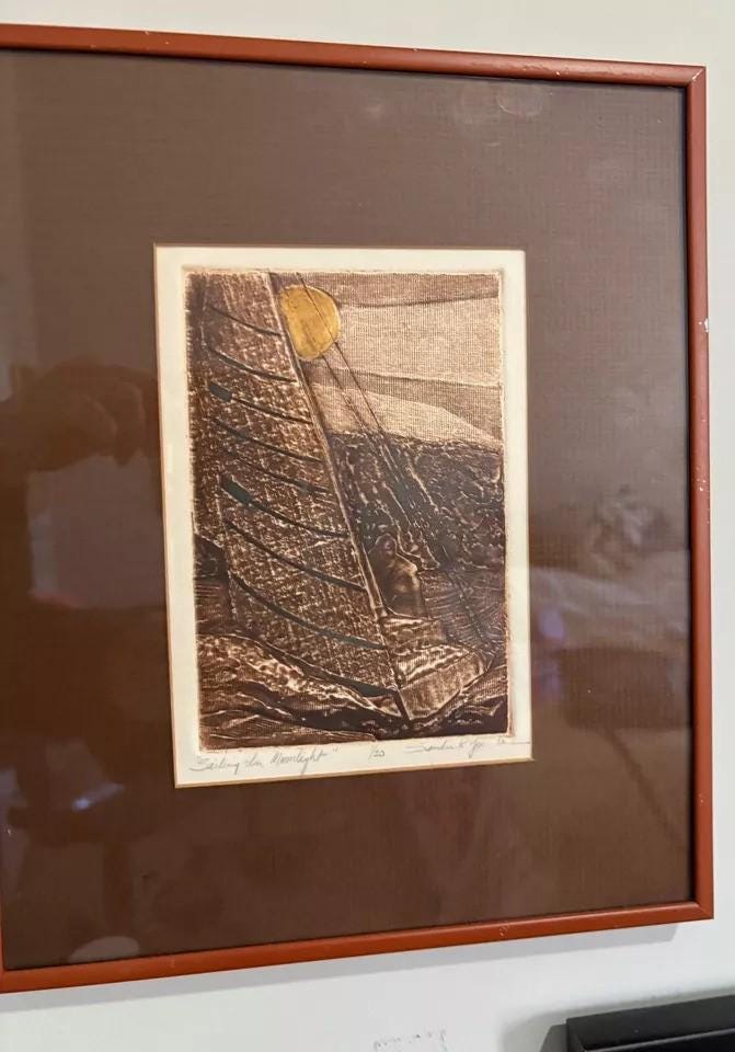 Vintage Holzschnitt Holzschnitt Sandra B Yocum Signiert 1982 "Sailing in Moonlight" Limitierte Auflage 1/20 9 "x11" Moody