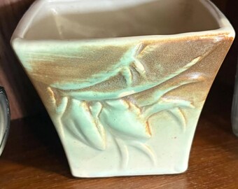 Vintage McCoy Jardinere 4" Tall Planter Mid-Century American Pottery Green Brown Ceramic Square Vase C. 1940s Lily Flowers