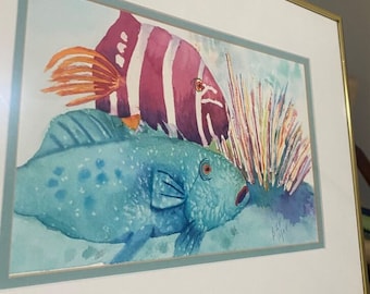 Vintage originele aquarel schilderij tropische vis scène zeegezicht ondertekend ingelijste kleurrijke Angel Fish 12 "x 15"