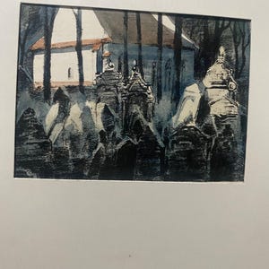 Vintage Woodcut Print Gothic Style Church Graveyard Color Ink Realism 3&quot;x4&quot; Dated 1991