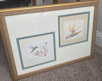 Gravura assinada por Roger Ellis, beija-flor e flor de ave-do-paraíso, arte tropical, 61 x 46 cm, colorida, estilo vintage, emoldurada com bom gosto.