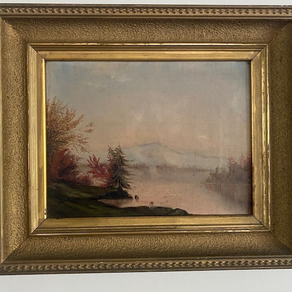 Antique Hudson River School Landscape Painting Oil on Canvas Lake Scene Purple Sky Framed  19th Century American Art Painted Frame