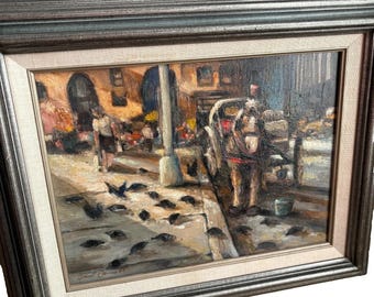 Fin impressionistisk oljemålning signerad Daniel Bonnell Stadslandskap Gatuscen Hästvagn Fåglar 16"x13" Inramad