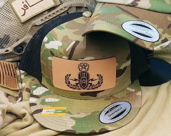 Leather EOD Badge Camouflage Multicam Hat | Real Leather Patch | Bomb Tech Life | Flat Brim and Curve Brim Hat Options