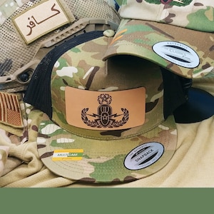 Leather EOD Badge Camouflage Multicam Hat | Real Leather Patch | Bomb Tech Life | Flat Brim and Curve Brim Hat Options