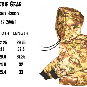 May include: Size chart for a camouflage hooded sweatshirt. The chart shows the width and length in inches for sizes S, M, L, XL, 2XL, and 3XL.