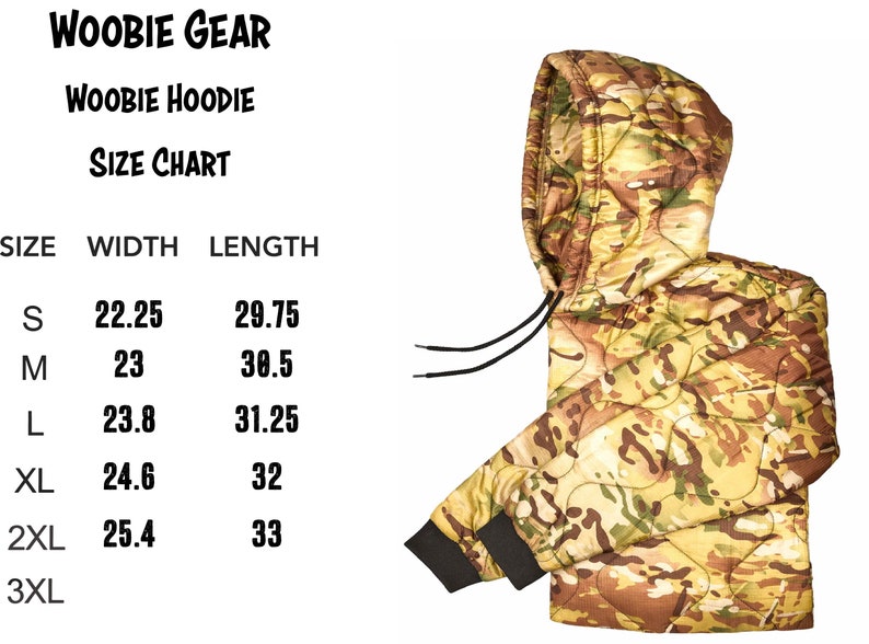 May include: Size chart for a camouflage hooded sweatshirt. The chart shows the width and length in inches for sizes S, M, L, XL, 2XL, and 3XL.