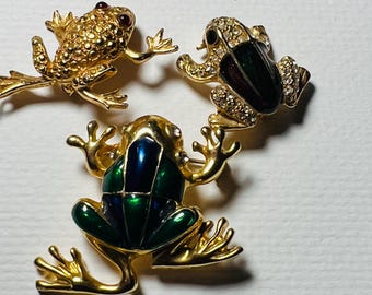 Vintage Enamel and Gold Toned Frog Pins