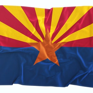 May include: A close-up of the Arizona state flag, featuring a red and yellow sunburst design with a copper-colored star in the center, against a blue background. The flag is slightly wrinkled and appears to be made of fabric.