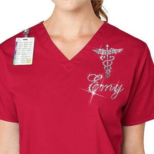 Crystal Scrubs Top Workwear with Red Cross and custom name , Custom Scrub, Hospital Scrub V Neck, Personalized Embroidered Scrub V Neck