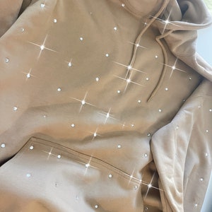 Beige Crystal Hoodie Full Covered with Rhinestones, Luxury Bling Sweatshirt