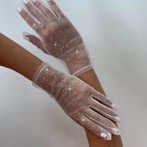 Rhinestone gloves, Lace opera gloves and White gloves medium