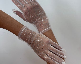 Rhinestone gloves, Lace opera gloves and White gloves medium