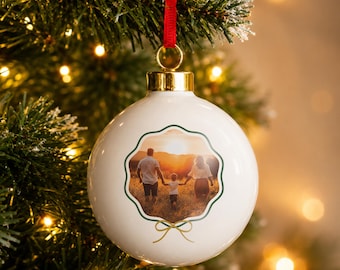 Personalised Scallop Bow Photo Ceramic Bauble, Custom Christmas Tree Decoration