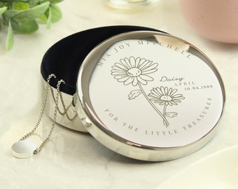 Personalised Birth Flower Round Trinket Box, Add Message, Date and Month
