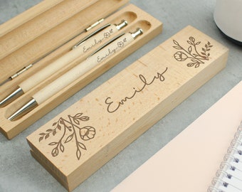 Personalised Floral Wooden Pen and Pencil Set