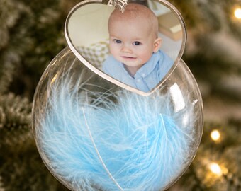 Personalised Pink or Blue Feather Photo Glass Bauble