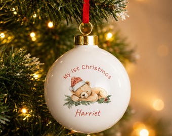 Personalised Sleepy Christmas Bear Ceramic Bauble