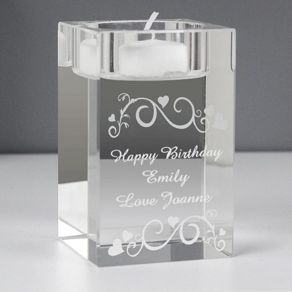 Personalised Swirls & Hearts Glass Tea Light Candle Holder, Black Gift Box Included