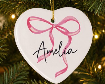 Personalised Pink Bow Ceramic Heart Decoration, Christmas Tree Decor