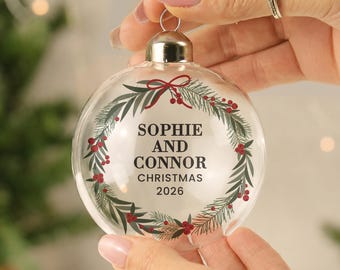 Personalised Green Christmas Wreath Glass Bauble
