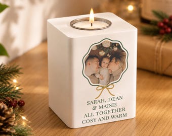 Personalised Scallop Bow Photo Tealight Holder, Custom White Wooden Candle Holder