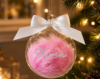 Feather Glass Bauble With Ribbon, Choose Blue or Pink, Custom Name