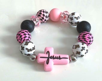 Handmade Pink Jesus Cross Bracelet, Acrylic Bead Christian Jewelry