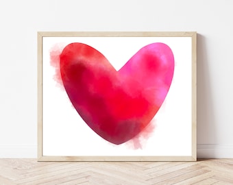 Valentine Wall Art, Red Watercolor Heart, Print at Home, Printable Art, Digital Print, Digital Art, Watercolor Decor, Rainbow Series
