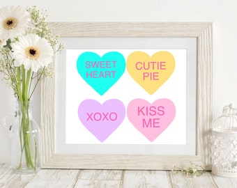 Valentine Wall Art, Candy Conversation Heart, Print at Home, Printable Art, Digital Print, Digital Art, Valentine Heart, Sweetheart, Kiss Me