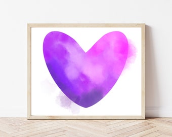 Valentine Wall Art, Purple Watercolor Heart, Print at Home, Printable Art, Digital Print, Digital Art,Watercolor Decor, Rainbow Heart Series