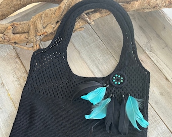 Atrapasueños plumas negras y turquesas con piedras turquesas, Regalo para ella, Bolso negro hecho a mano, Bolso ligero tejido de algodón natural