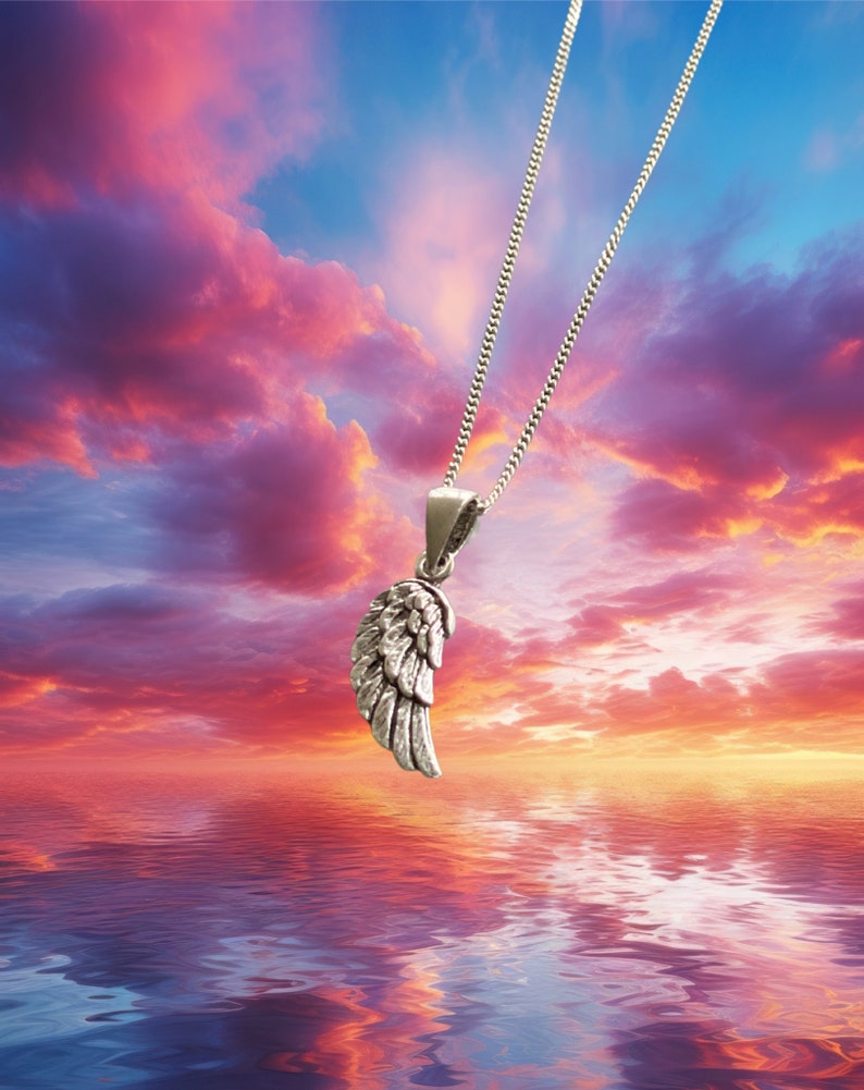 May include: A silver chain necklace with a detailed silver wing pendant. The necklace is hanging against a backdrop of a colorful sunset sky and a reflective body of water.