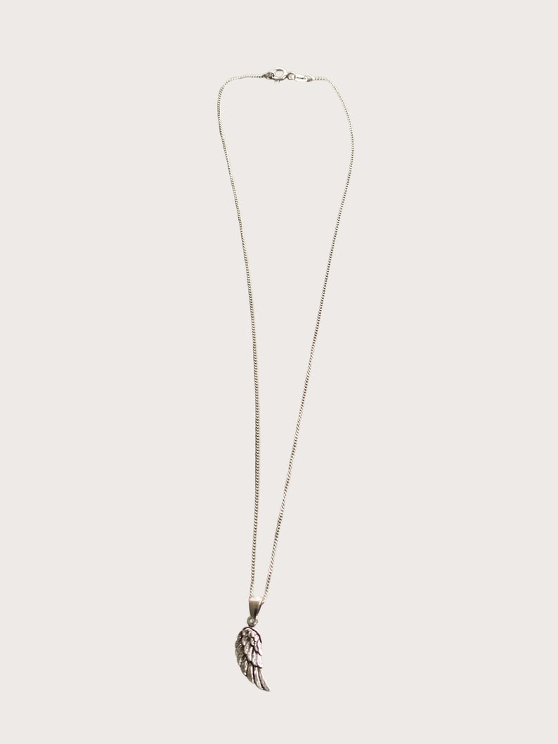 May include: A silver chain necklace with a small silver wing pendant.