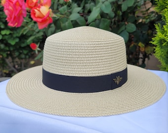 Embellished Bee Malibu Straw Hat, Fedora Style Hat, Flat Top Hat, Straw Hats, Sun Hat, Boater Hat, Fashion Hat, Dress Hat for Women