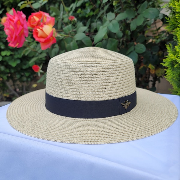 Embellished Bee Malibu Straw Hat, Fedora Style Hat, Flat Top Hat, Straw Hats, Sun Hat, Boater Hat, Fashion Hat, Dress Hat for Women