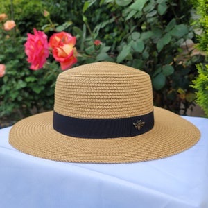 Embellished Bee Malibu Straw Hat, Fedora Style Hat, Flat Top Hat, Straw Hats, Sun Hat, Boater Hat, Fashion Hat, Dress Hat for Women
